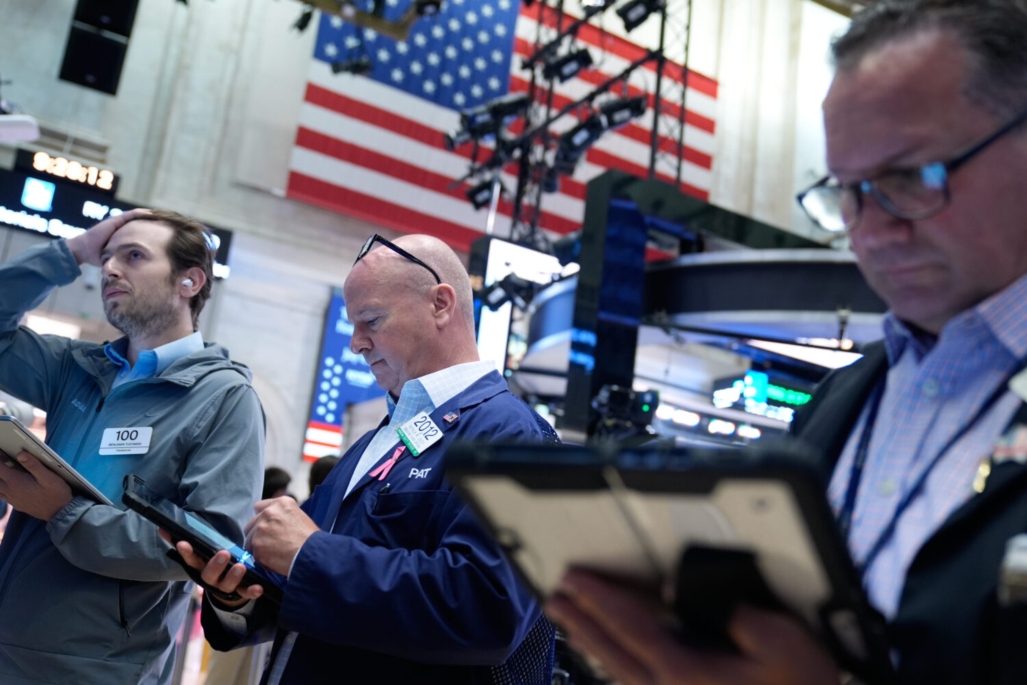 Traders work on the floor at the New York Stock Exchange in New York, Monday, July 6, 2026. (AP Pho...