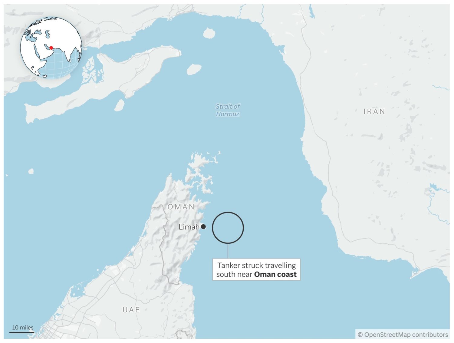 Map showing where a tanker was struck in the Strait of Hormuz. (AP Digital Embed)Credit: AP Photo/W...