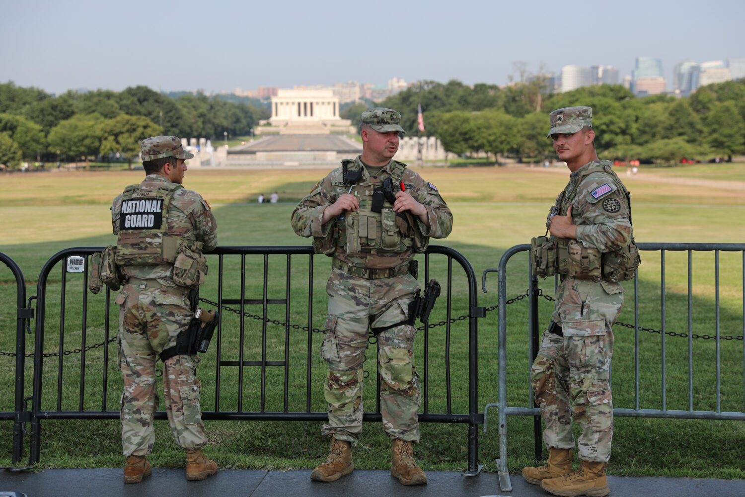 Member of the National Guard patrol at the base of the Washington Monument, Wednesday, July 15, 202...