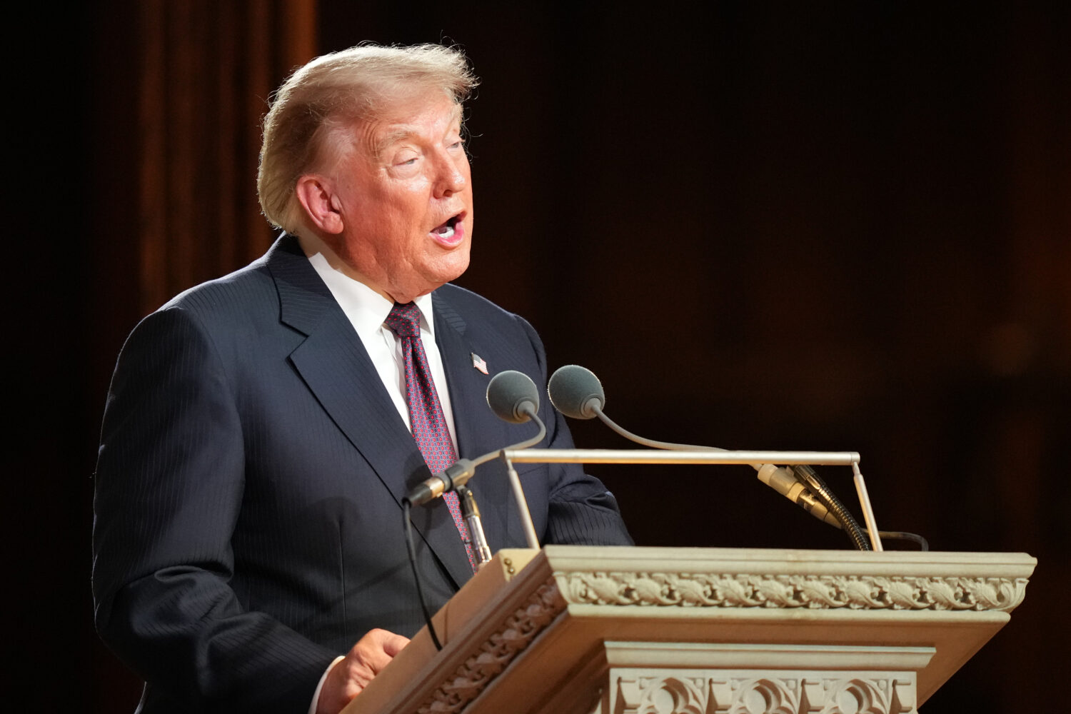 President Donald Trump speaks at the funeral of Sen. Lindsey Graham, R-S.C., at the Washington Nati...
