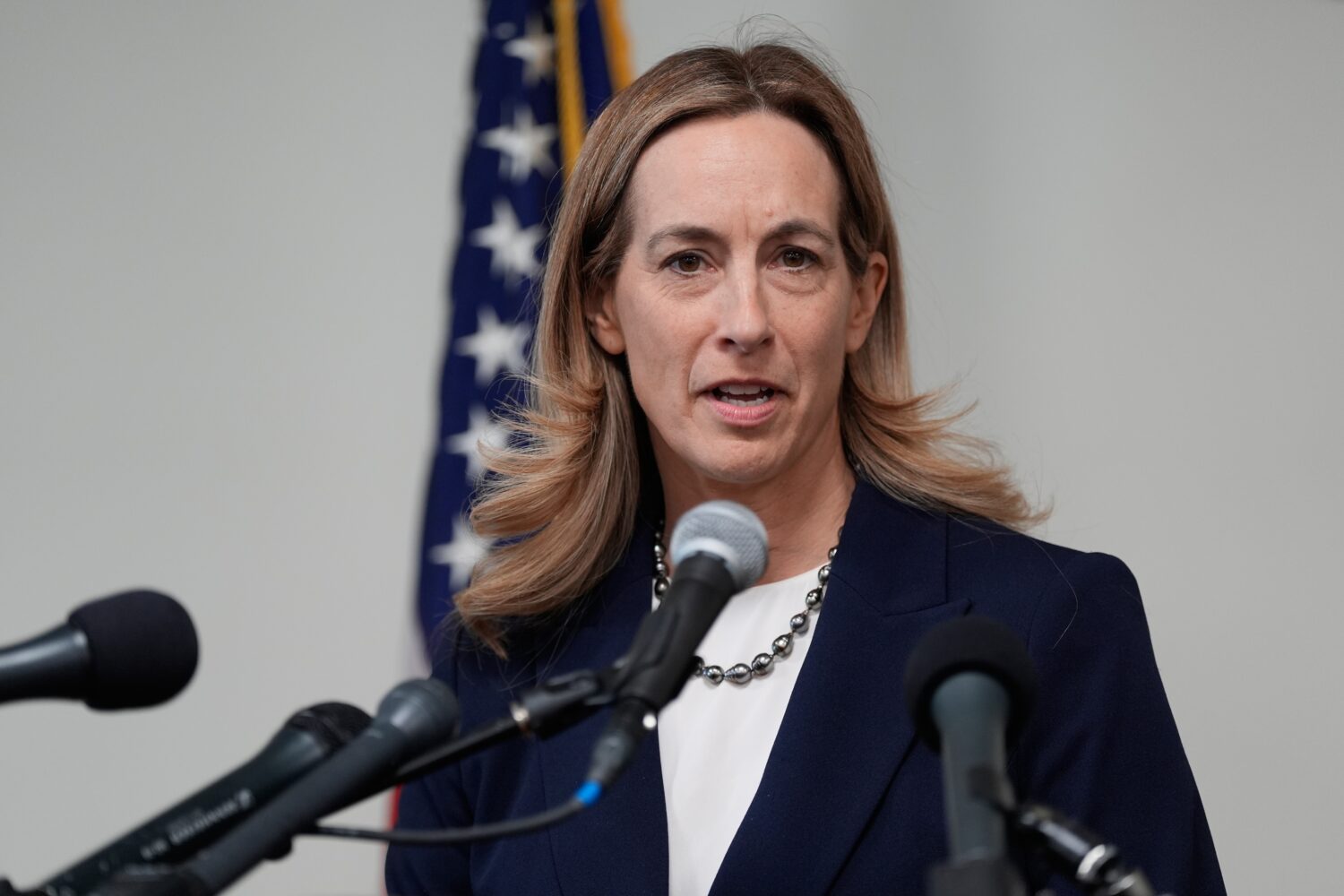FILE - New Jersey Governor-elect Mikie Sherrill talks to reporters during a news conference in Tren...