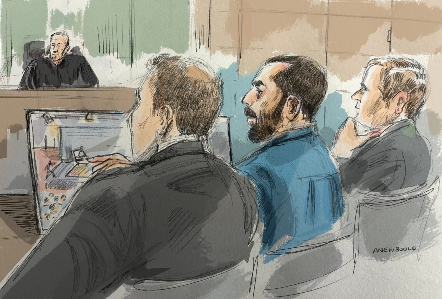 In this courtroom sketch, Hadi Matar, center, sits in federal court during his terrorism trial for ...