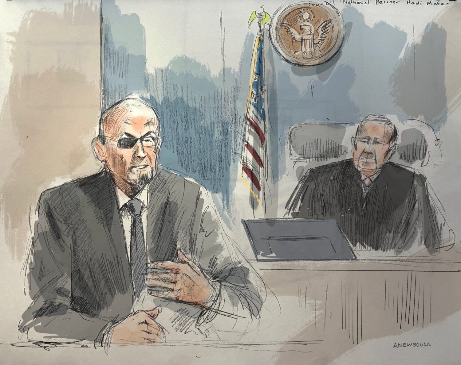 In this courtroom sketch, Salman Rushdie, left, testifies in federal court during the terrorism tri...