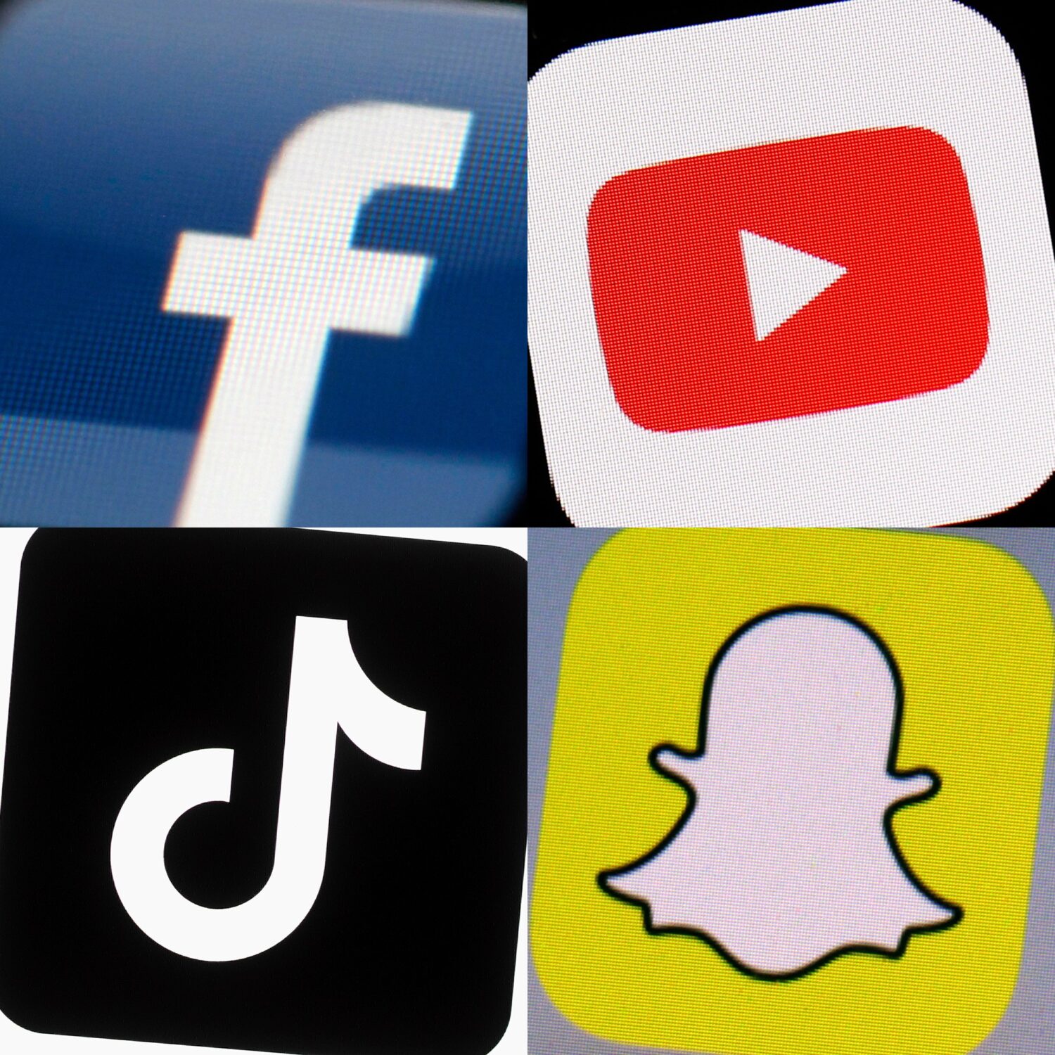 FILE - This combination of 2017-2022 photos shows the logos of Facebook, YouTube, TikTok and Snapch...