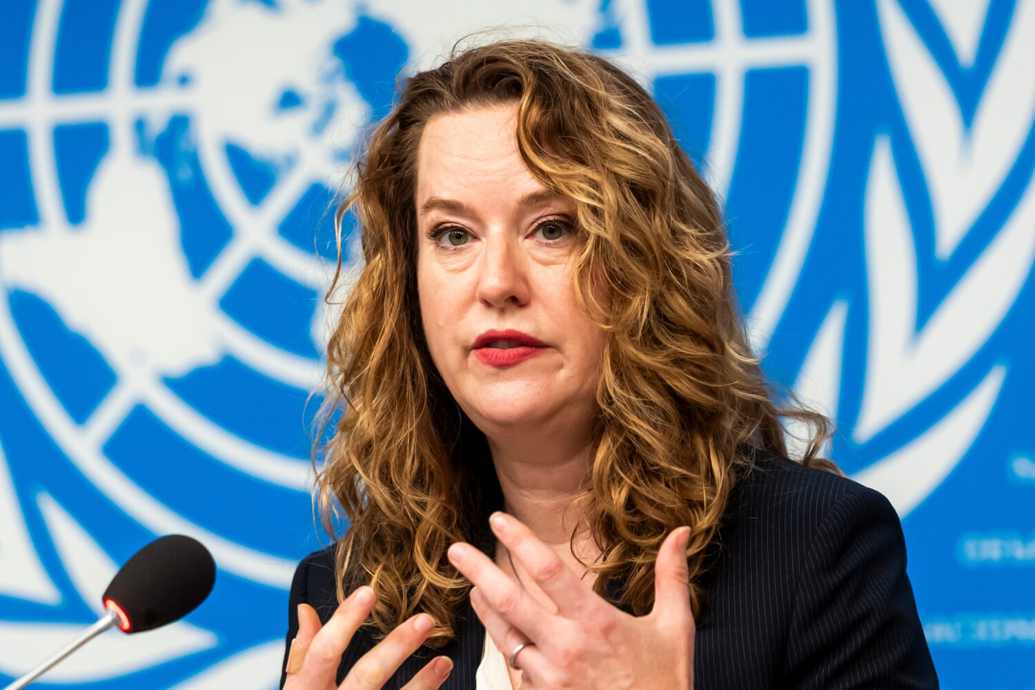 U.S. Amy Pope, Director General of the International Organization for Migration (IOM), briefs the m...