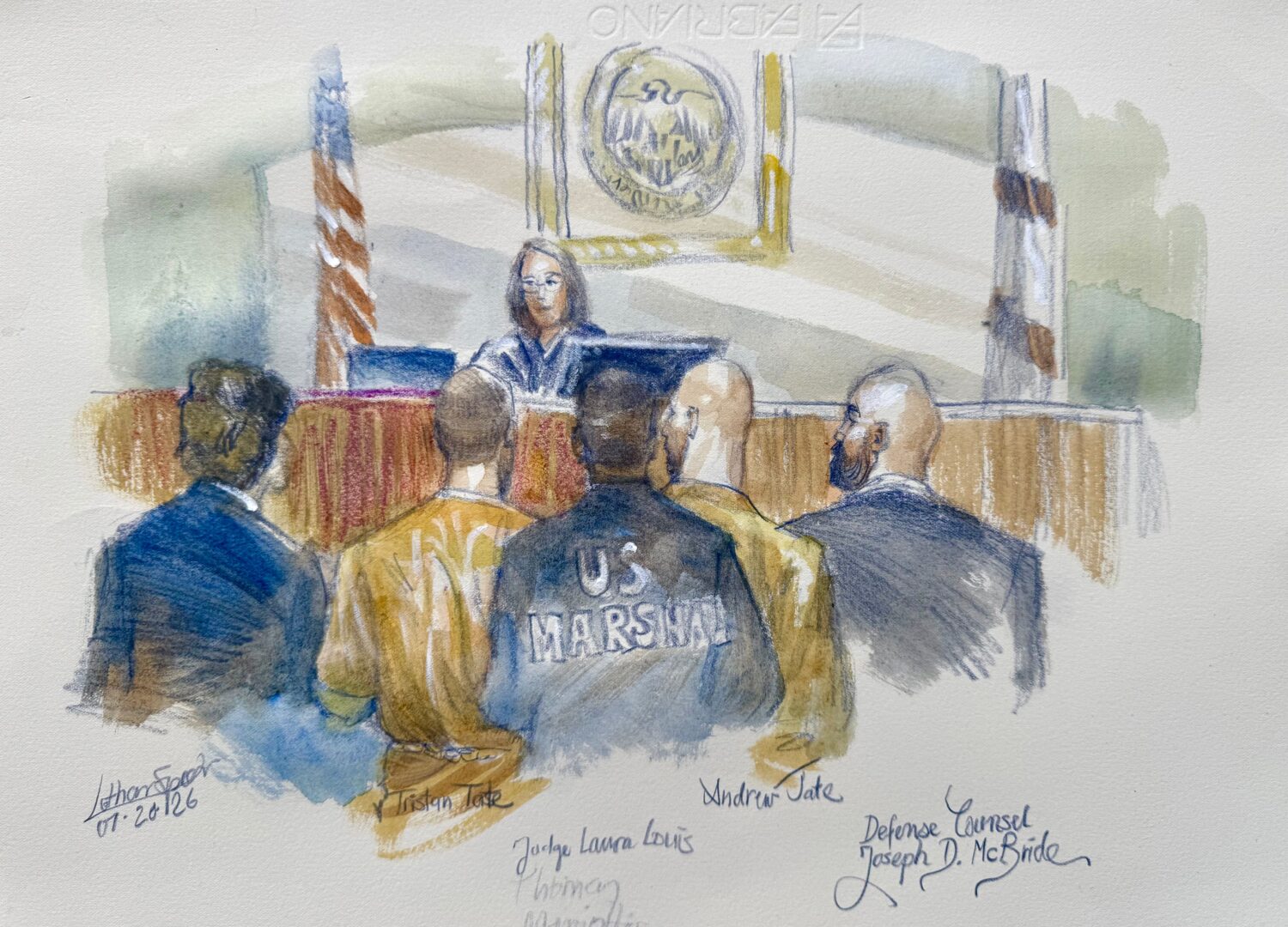 In this courtroom sketch Andrew and Tristan Tate appear with their attorneys before judge Lauren Lo...