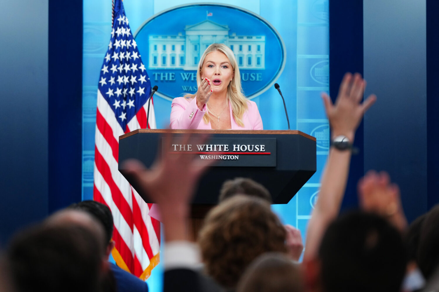White House press secretary Karoline Leavitt speaks with reporters in the James Brady Press Briefin...