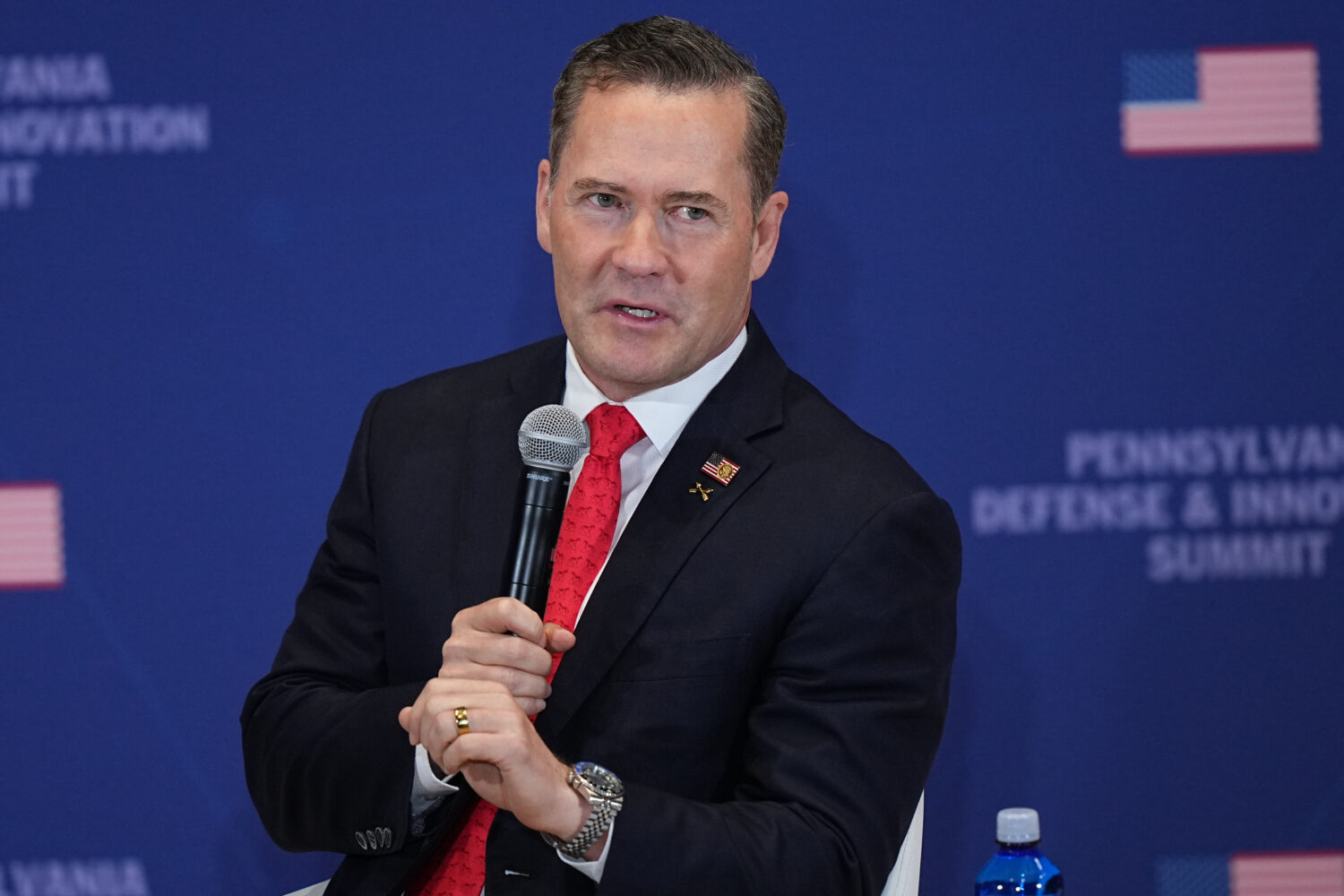 U.S. Ambassador to the United Nations Mike Waltz speaks before President Donald Trump arrives at th...