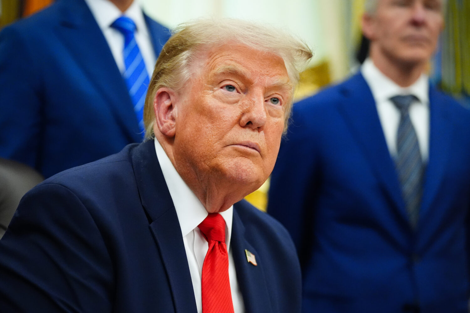 President Donald Trump speaks about Dulles International Airport modernization, in the Oval Office ...