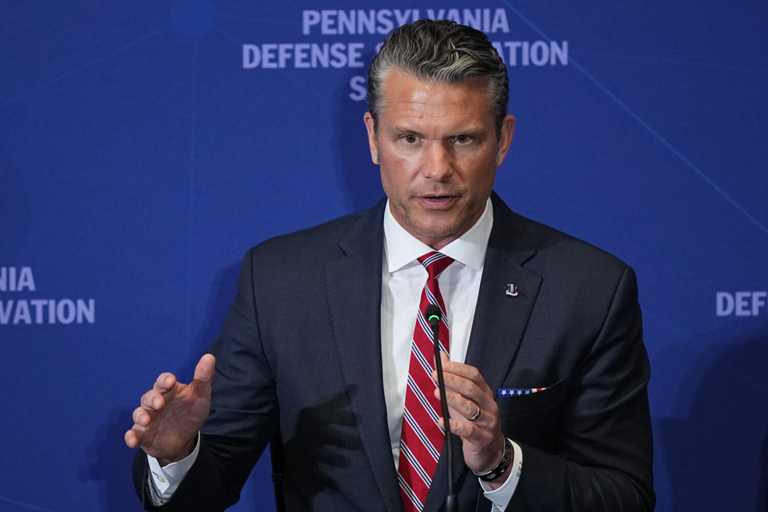 Defense Secretary Pete Hegseth speaks at the United States Army War College in Carlisle, Pa., durin...
