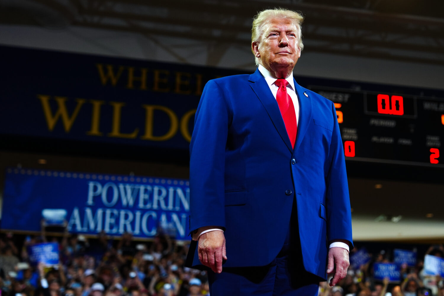 President Donald Trump arrives to speak at Wheeler High School, Wednesday, July 22, 2026, in Mariet...