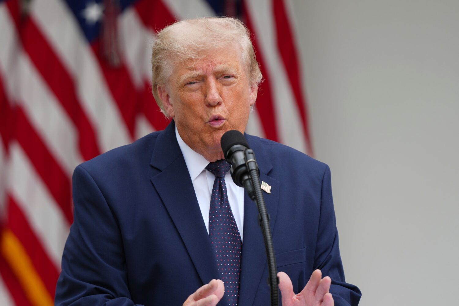 President Donald Trump speaks at a lunch in the White House Rose Garden, Monday, July 6, 2026, in W...