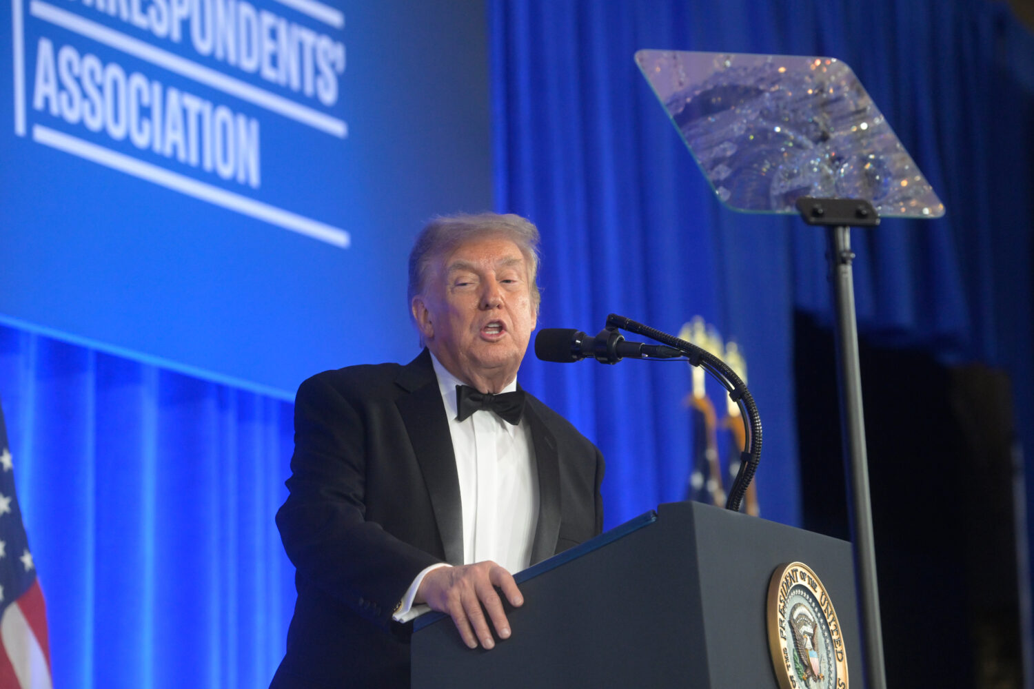 President Donald Trump speaks at the White House Correspondents' Association dinner at the Waldorf ...