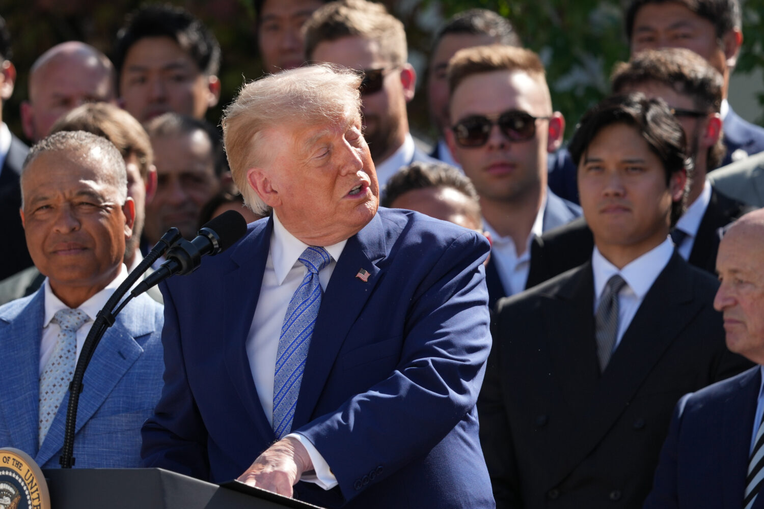 President Donald Trump speaks during an event to honor the 2025 World Series champions Los Angeles ...