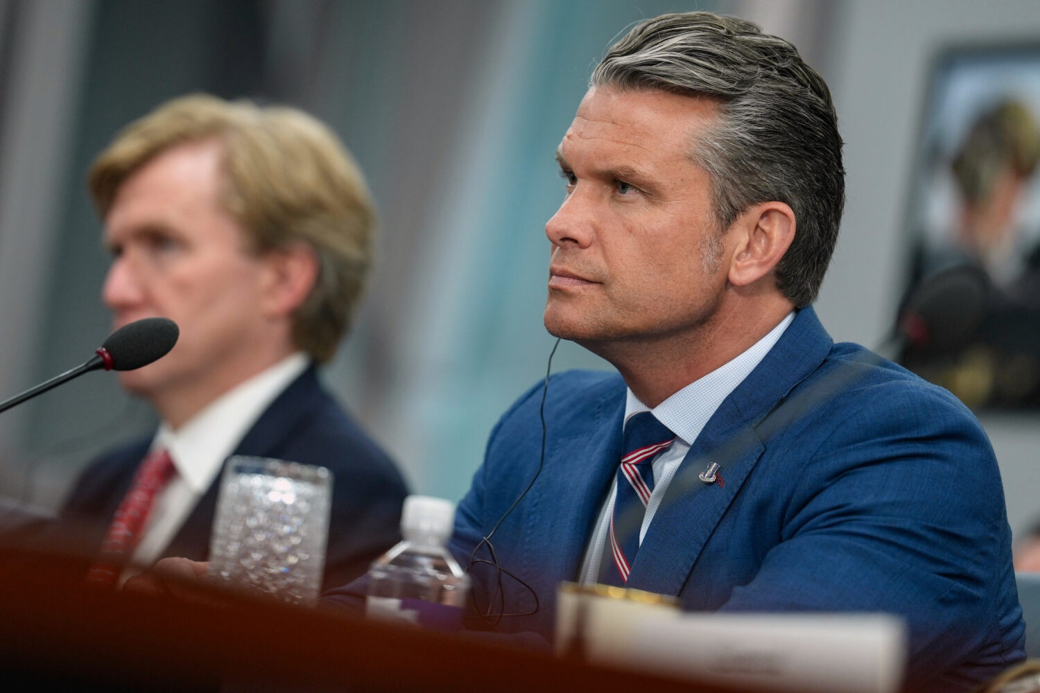 Defense Secretary Pete Hegseth listens during a meeting with Iraq's Prime Minister Ali al-Zaidi at ...