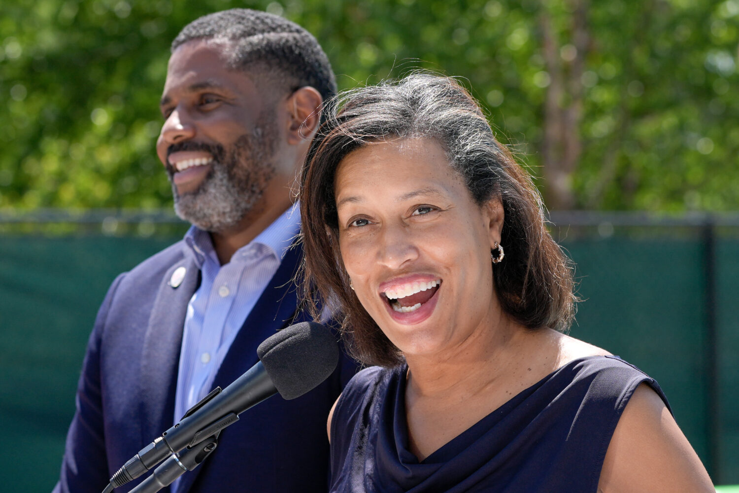 District of Columbia Mayor Muriel Bowser, right, speaks as Delano Hunter, director of the DC Depart...