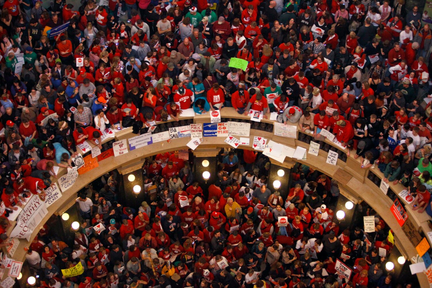 FILE - Protestors of Wisconsin Gov. Scott Walker's bill to eliminate collective bargaining rights f...