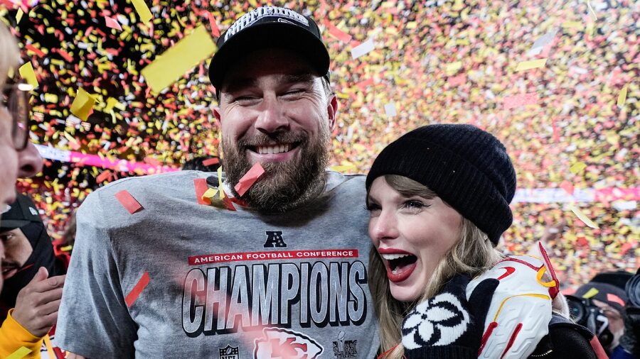 Travis Kelce, left, and Taylor Swift pose after the AFC Championship NFL football game against the ...