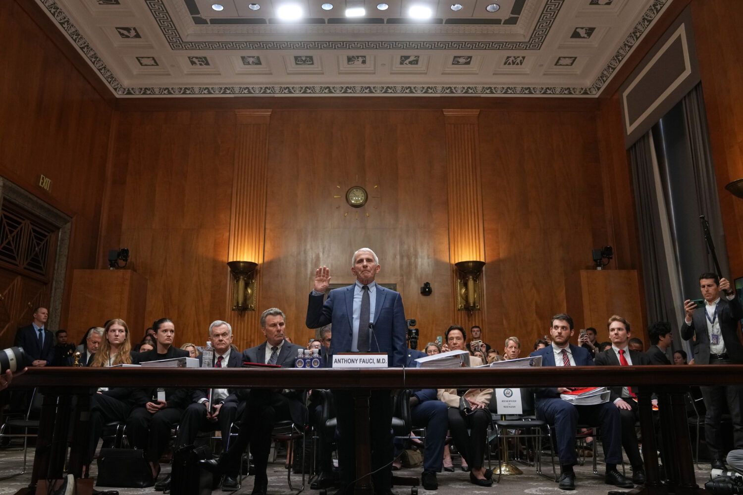 Dr. Anthony Fauci is sworn in before the Senate Homeland Security and Governmental Affairs Committe...