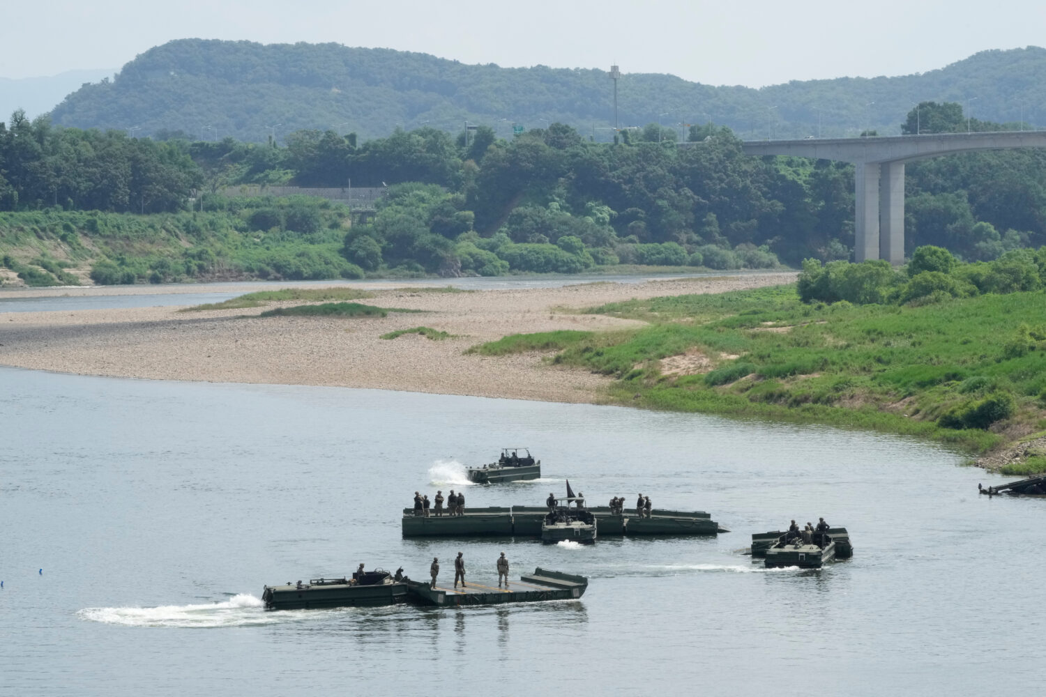 U.S. Army's soldiers conduct a training exercise on a river in Yeoncheon, South Korea, near the bor...