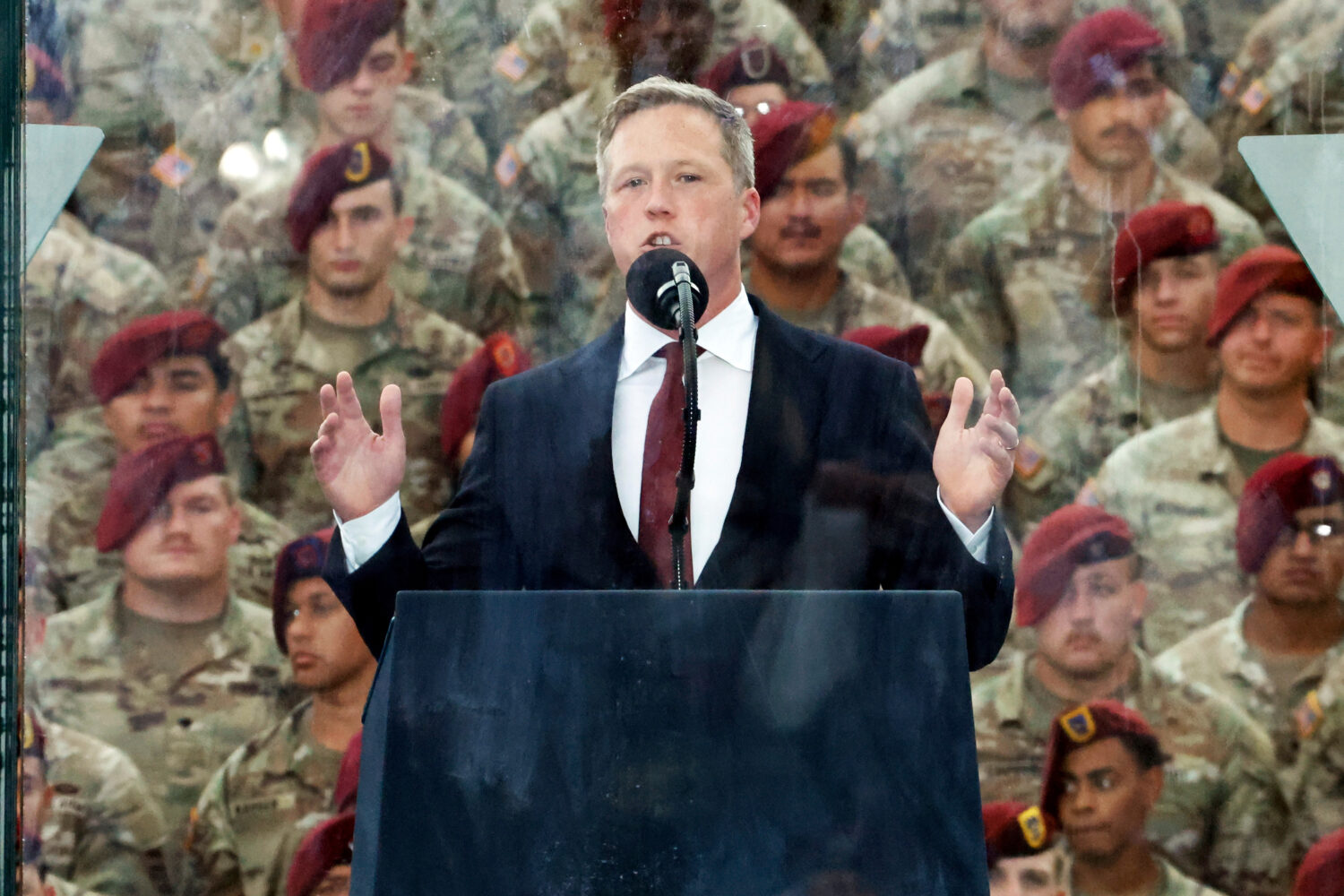 FILE - U.S. Army Secretary Dan Driscoll speaks at the America 250 celebration at Fort Bragg in Faye...