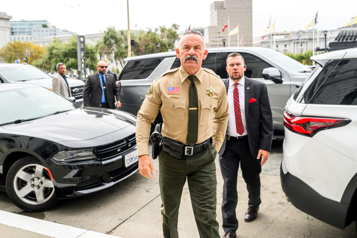 Riverside County Sheriff Chad Bianco arrives at the Supreme Court of California for a hearing about...