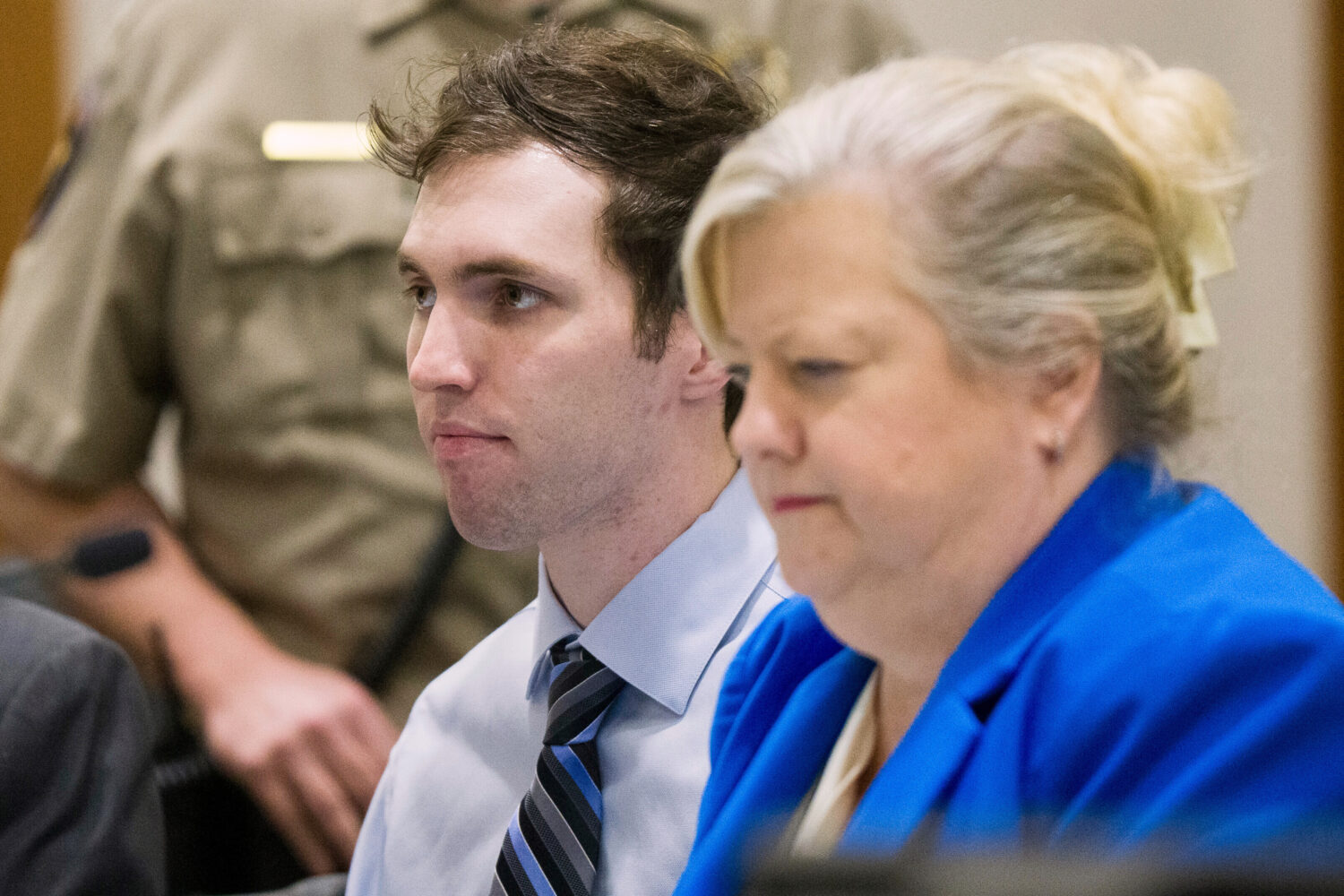 FILE - Tyler Robinson, who is accused of fatally shooting Charlie Kirk, sits beside defense attorne...