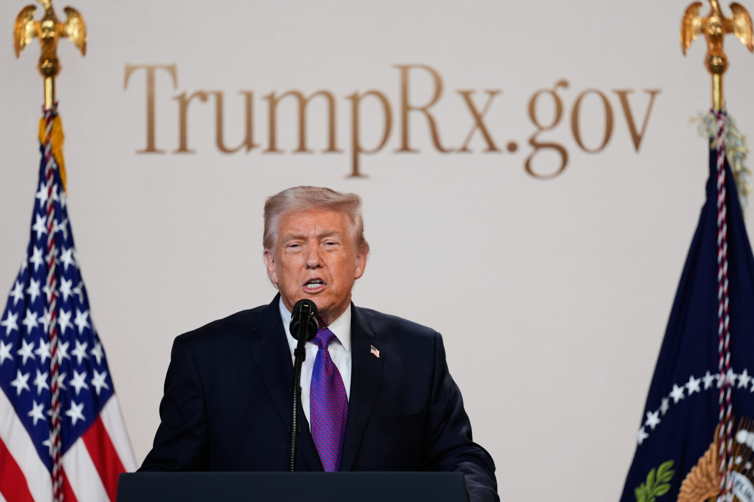 FILE - President Donald Trump speaks about TrumpRx in the South Court Auditorium in the Old Eisenho...