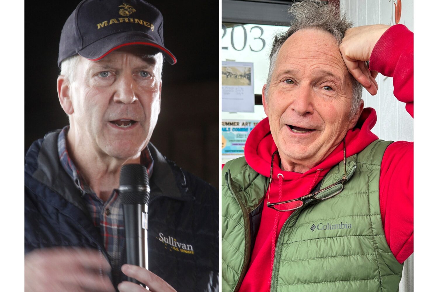 This combo shows U.S. Sen. Dan Sullivan, left, in Palmer, Alaska, on Aug. 17, 2026 and a candidate ...