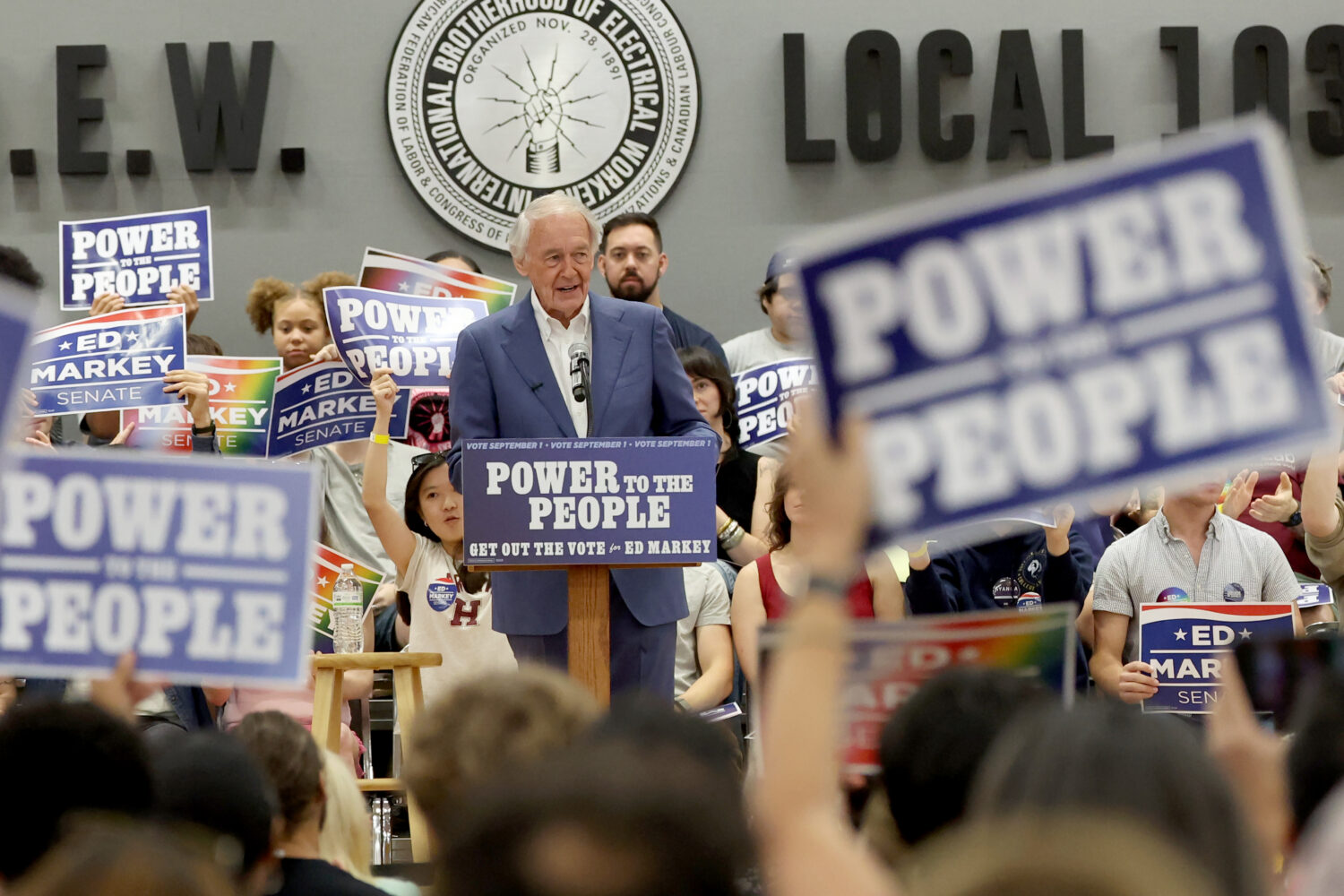 Sen. Ed Markey speaks during a Get Out the Vote event supporting Markey, Saturday, Aug. 29, 2026 in...