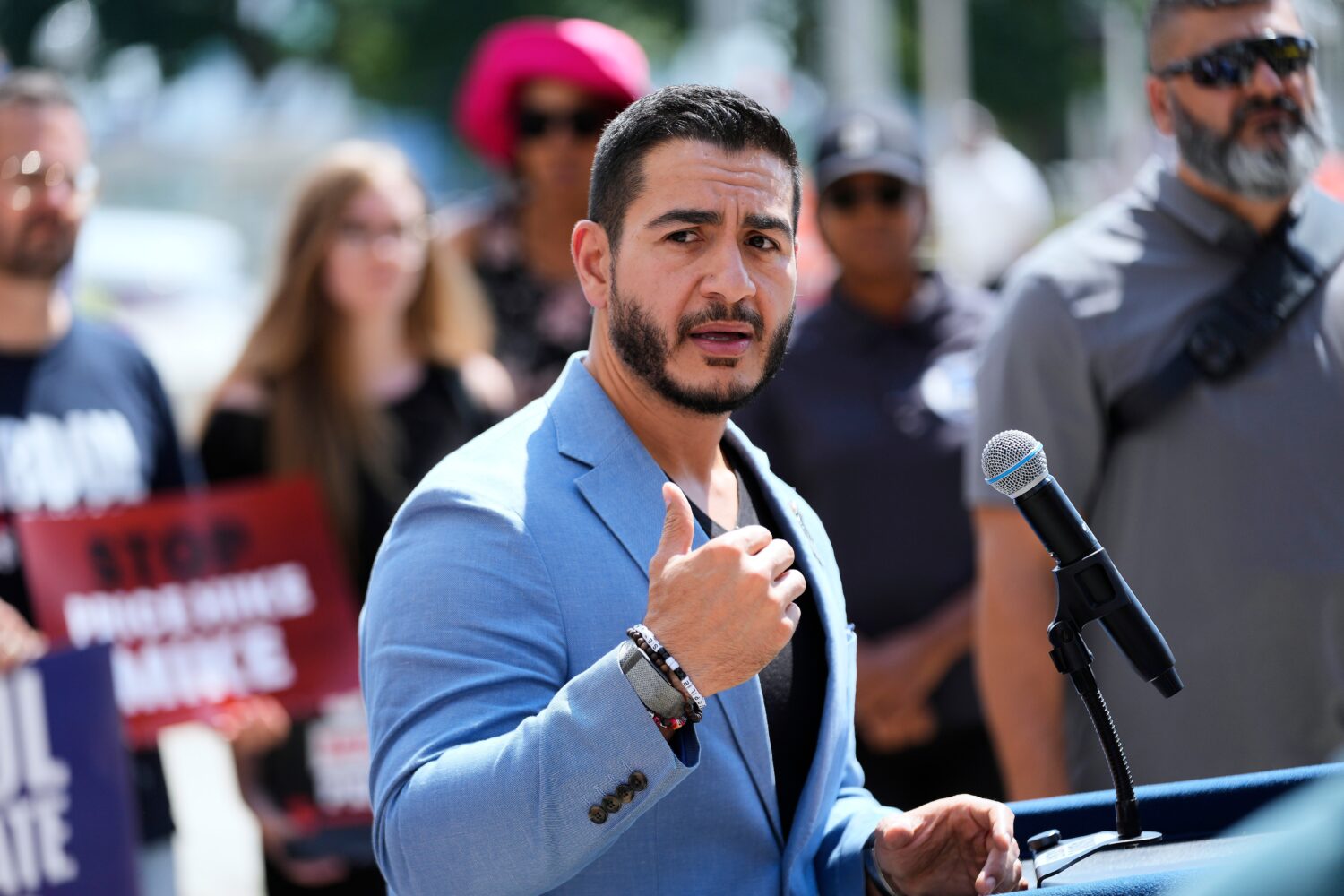 Democratic nominee for U.S. Senate Abdul El-Sayed speaks at a news conference at the base of the Sp...