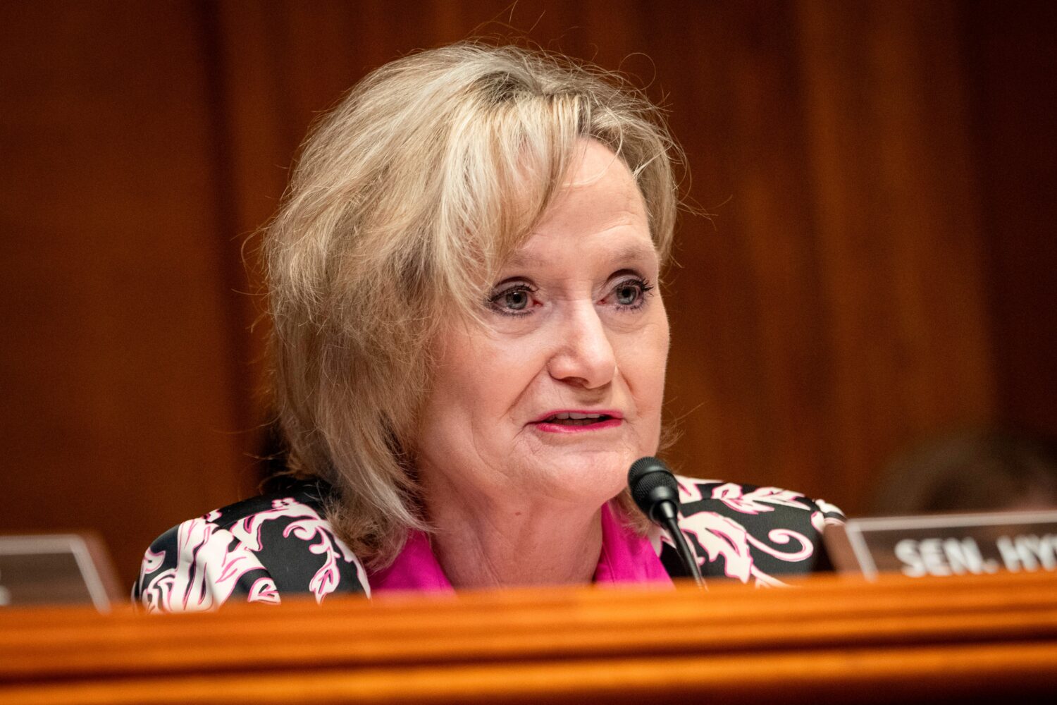 FILE - Sen. Cindy Hyde-Smith, R-Miss., speaks during a hearing on Capitol Hill in Washington, on Ma...