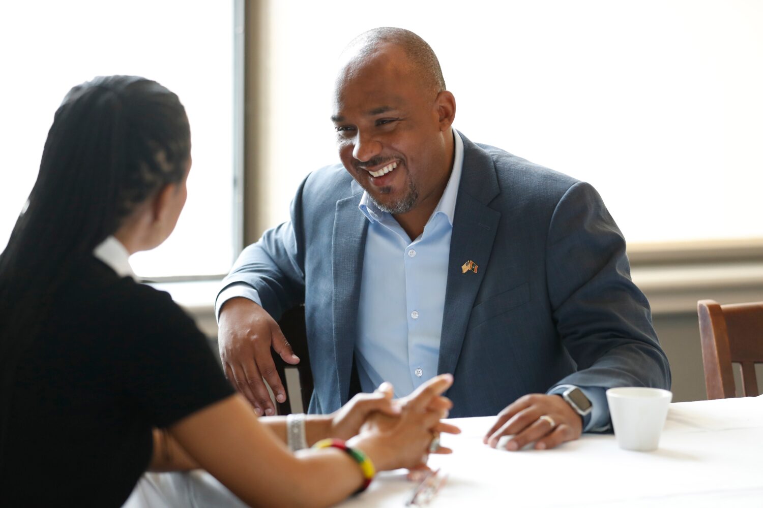 Mississippi Democratic U.S. Senate candidate Scott Colom speaks with Sen. Angela Alsobrooks, D-Md.,...