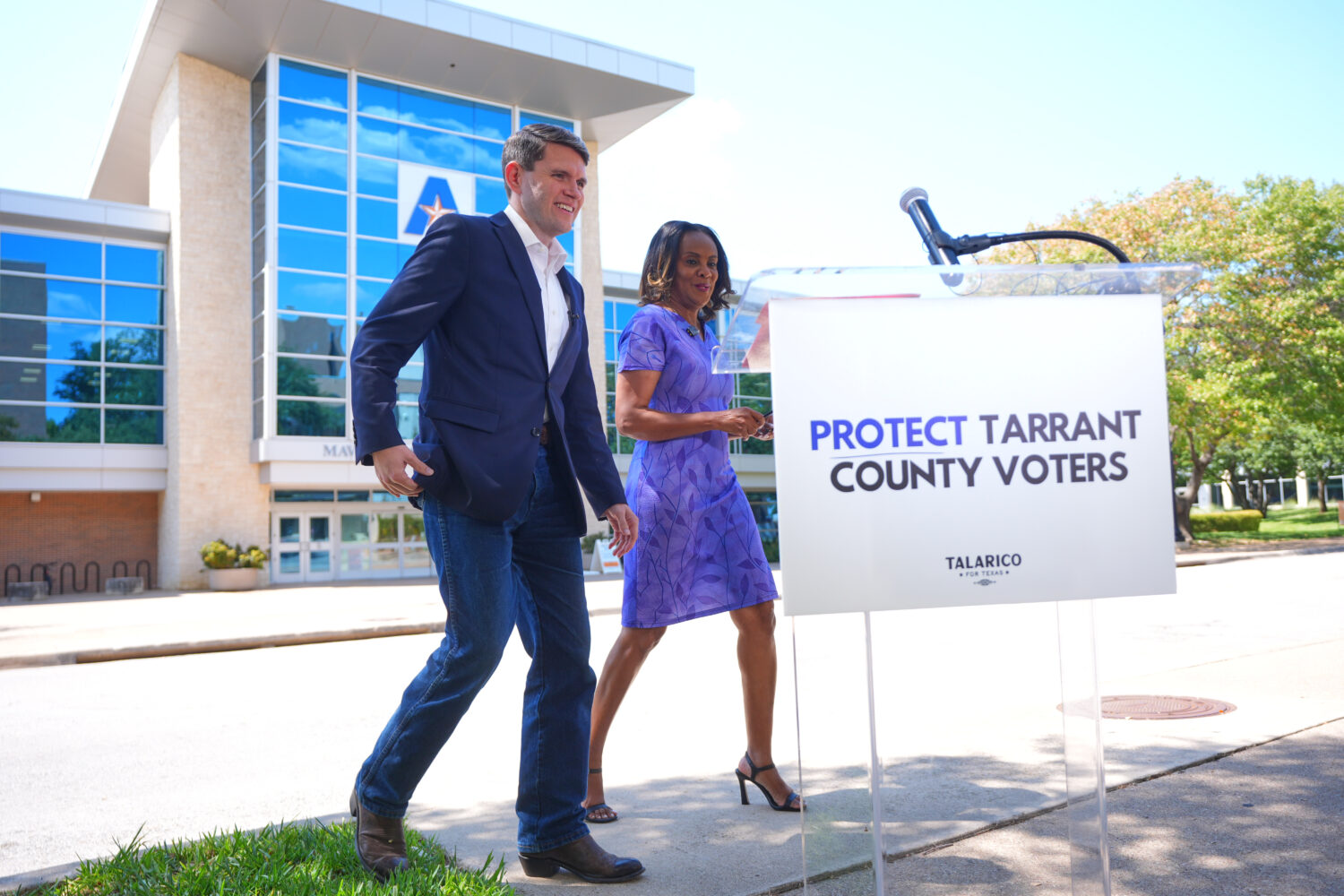 Democratic Senate candidate James Talarico, left, and Tarrant County Commissioner Alisa Simmons arr...