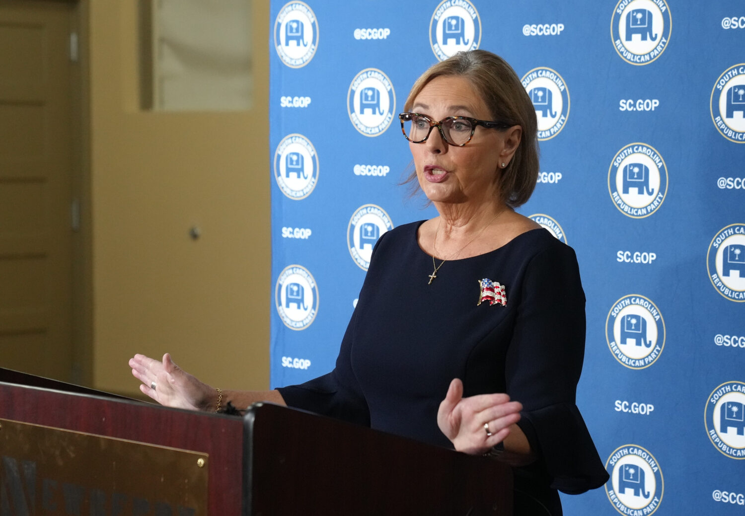 U.S. Sen. Darline Graham, R-S.C., speaks with reporters after a debate with U.S. Rep. Ralph Norman,...