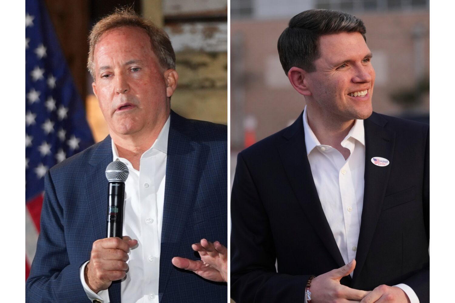 FILE - At left, Texas Attorney General Ken Paxton speaks in McKinney, Texas, May 19, 2026, and at r...