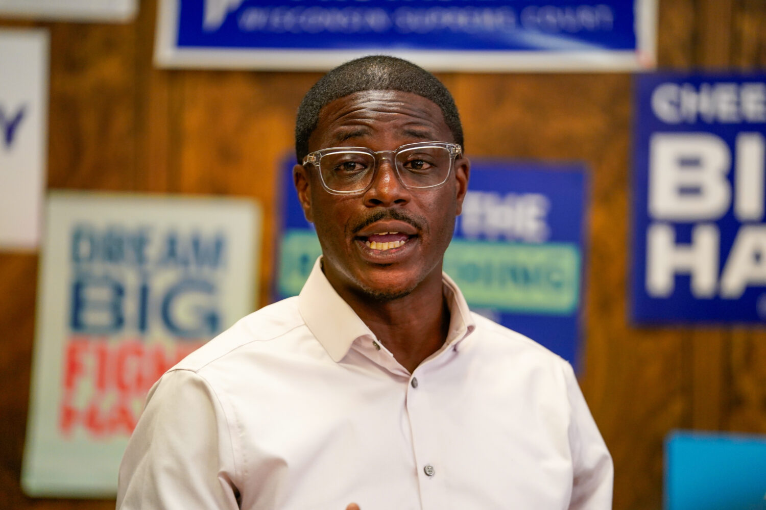 David Crowley, Democratic candidate for Wisconsin governor speaks to supporters gathered at the She...