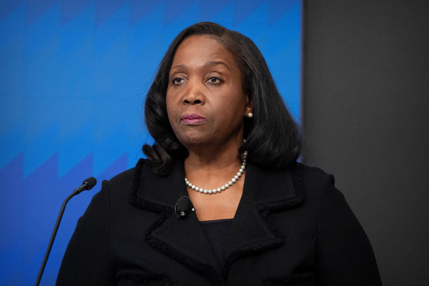 FILE - Lisa Cook, a Federal Reserve Board of Governors member, speaks during an event at the Brooki...