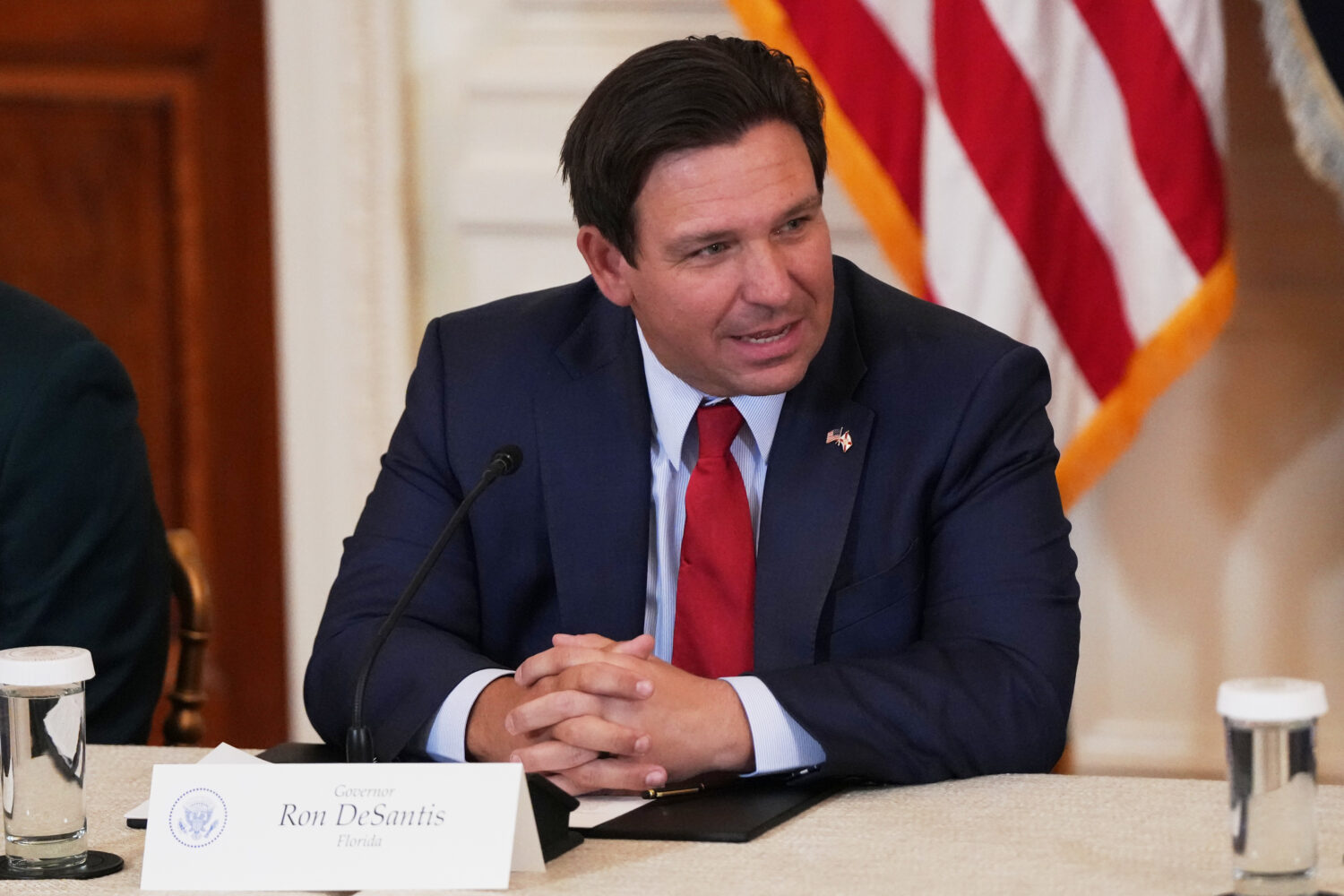 FILE - Florida Gov. Ron DeSantis speaks before a roundtable discussion on college sports in the Eas...