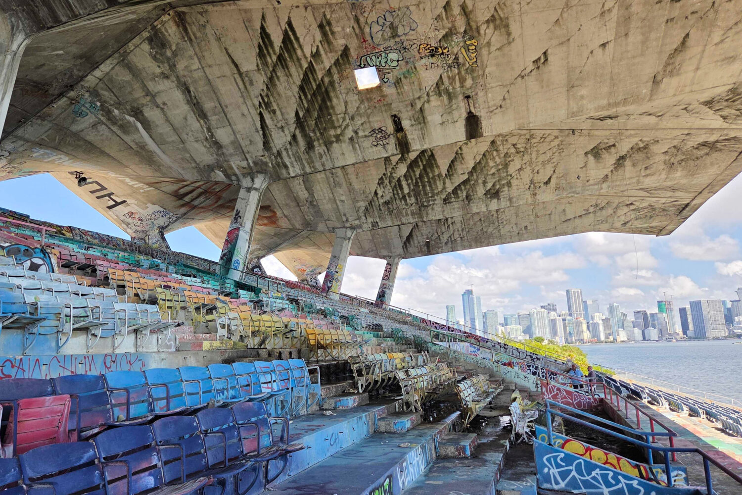A concrete roof cantilevers over the Miami Marine Stadium on Tuesday, Aug. 11, 2026, in Miami. (AP ...