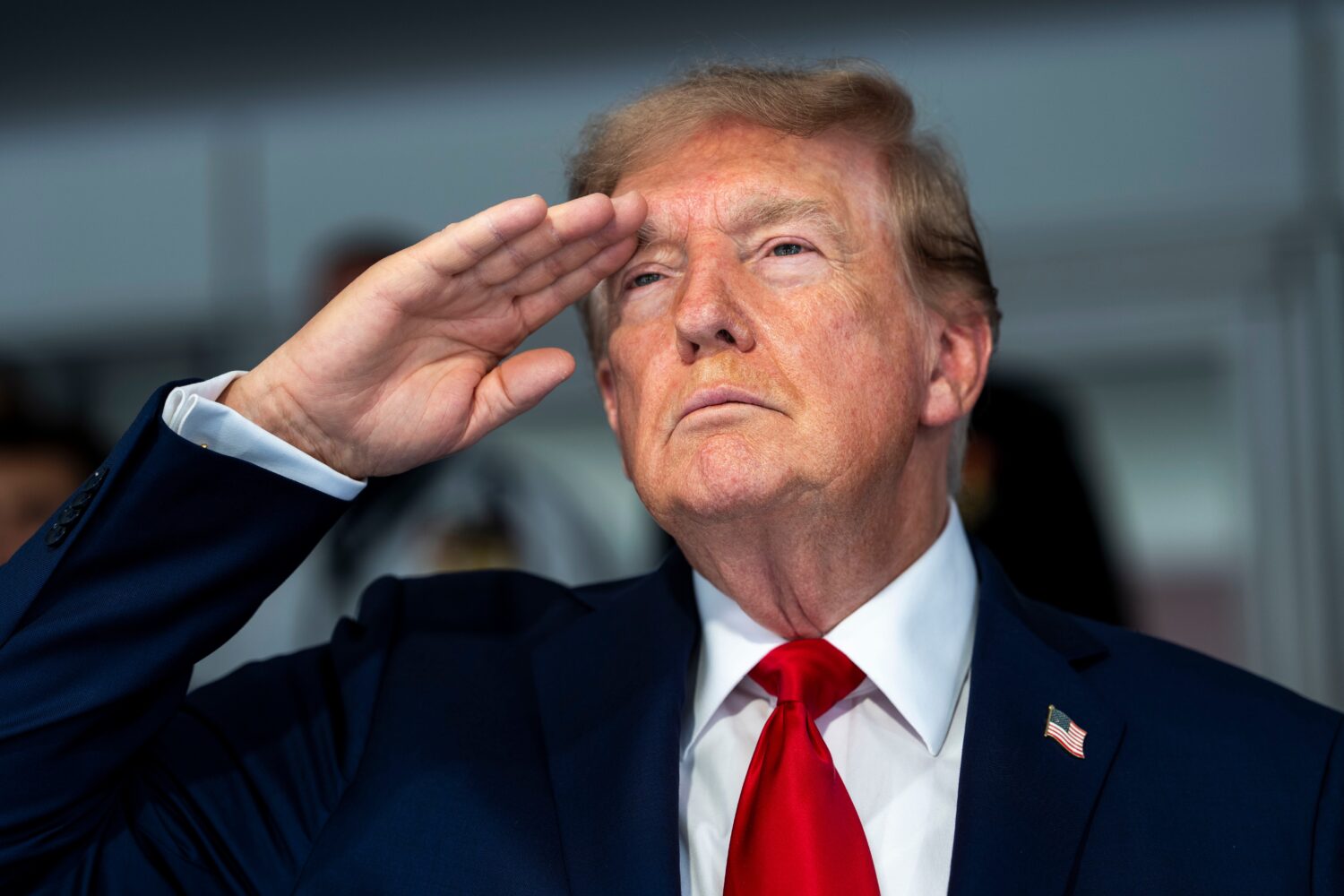 President Donald Trump is pictured during the playing of the national anthem at the IndyCar Freedom...