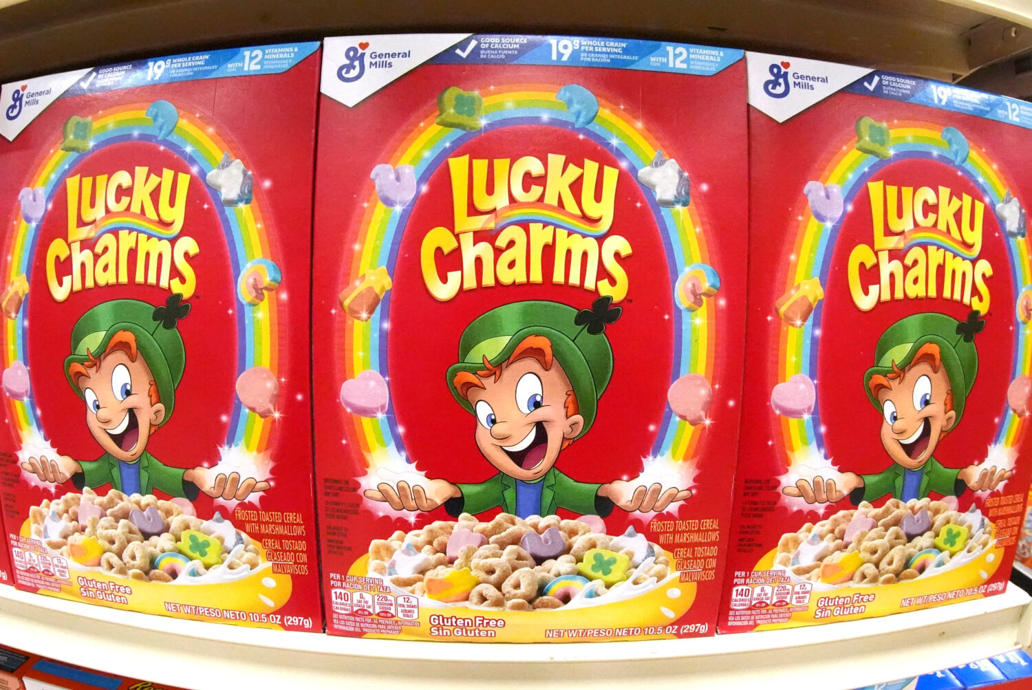 FILE-This is a shelf of General Mills Lucky Charms cereal at a market in Homestead, Pa., on Monday,...