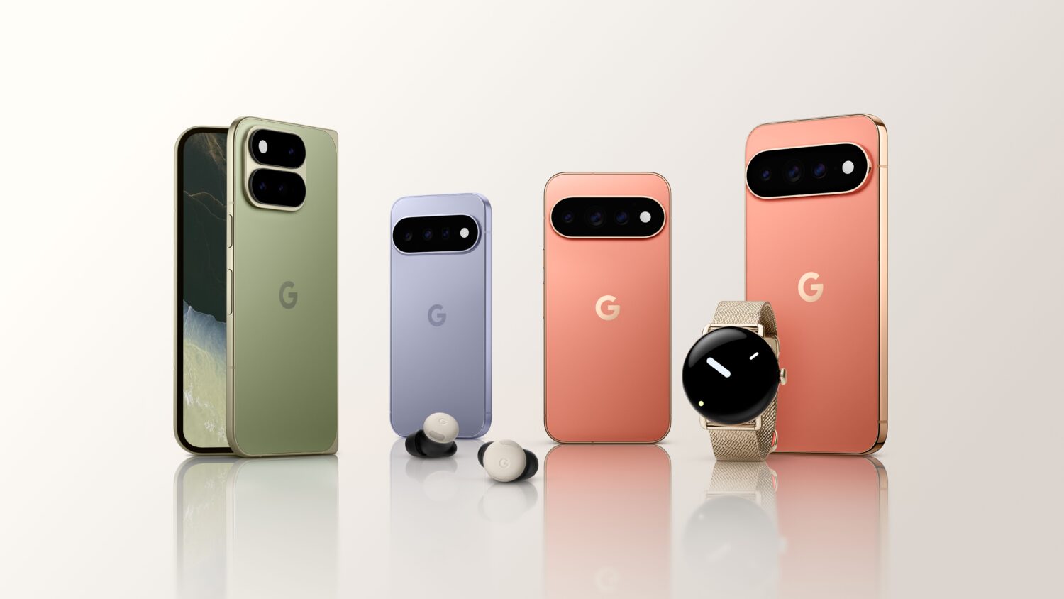 This image provided by Google in August 2026 shows its lineup of Pixel 11 phones, the Pixel Watch 5...