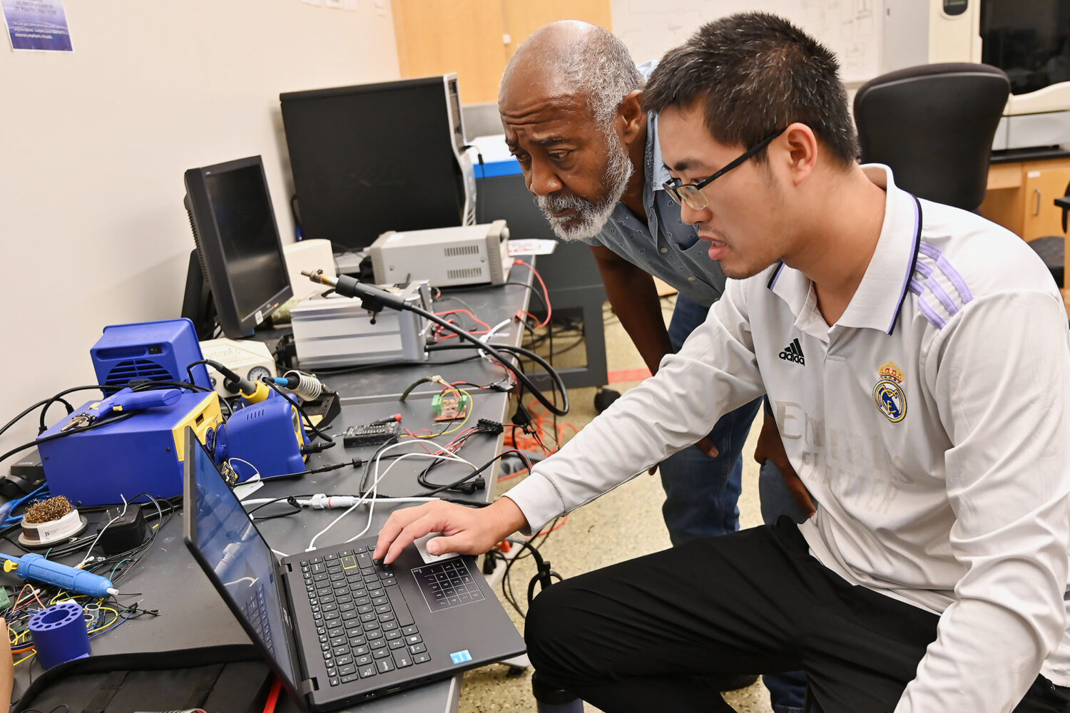 Jackson State Professor of Electrical and Computer Engineering Kamal Ali, left, and Canhao Wang, a ...