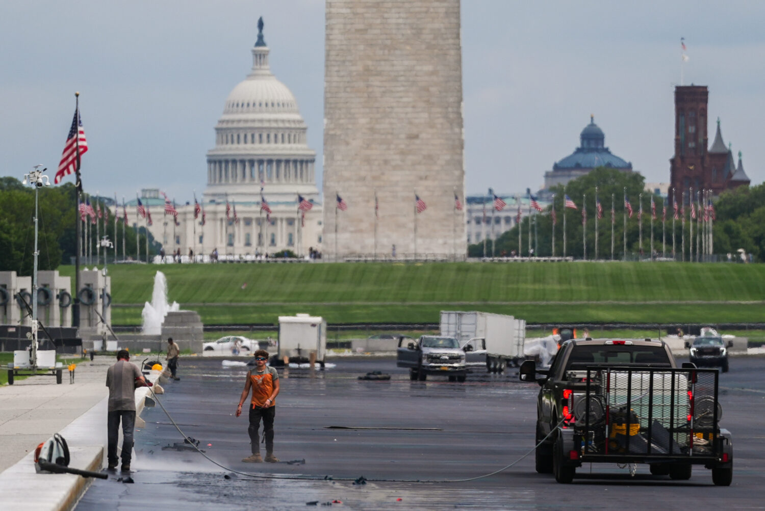 Work continues on the Lincoln Memorial Reflecting Pool, Tuesday, Aug. 18, 2026, in Washington. (AP ...