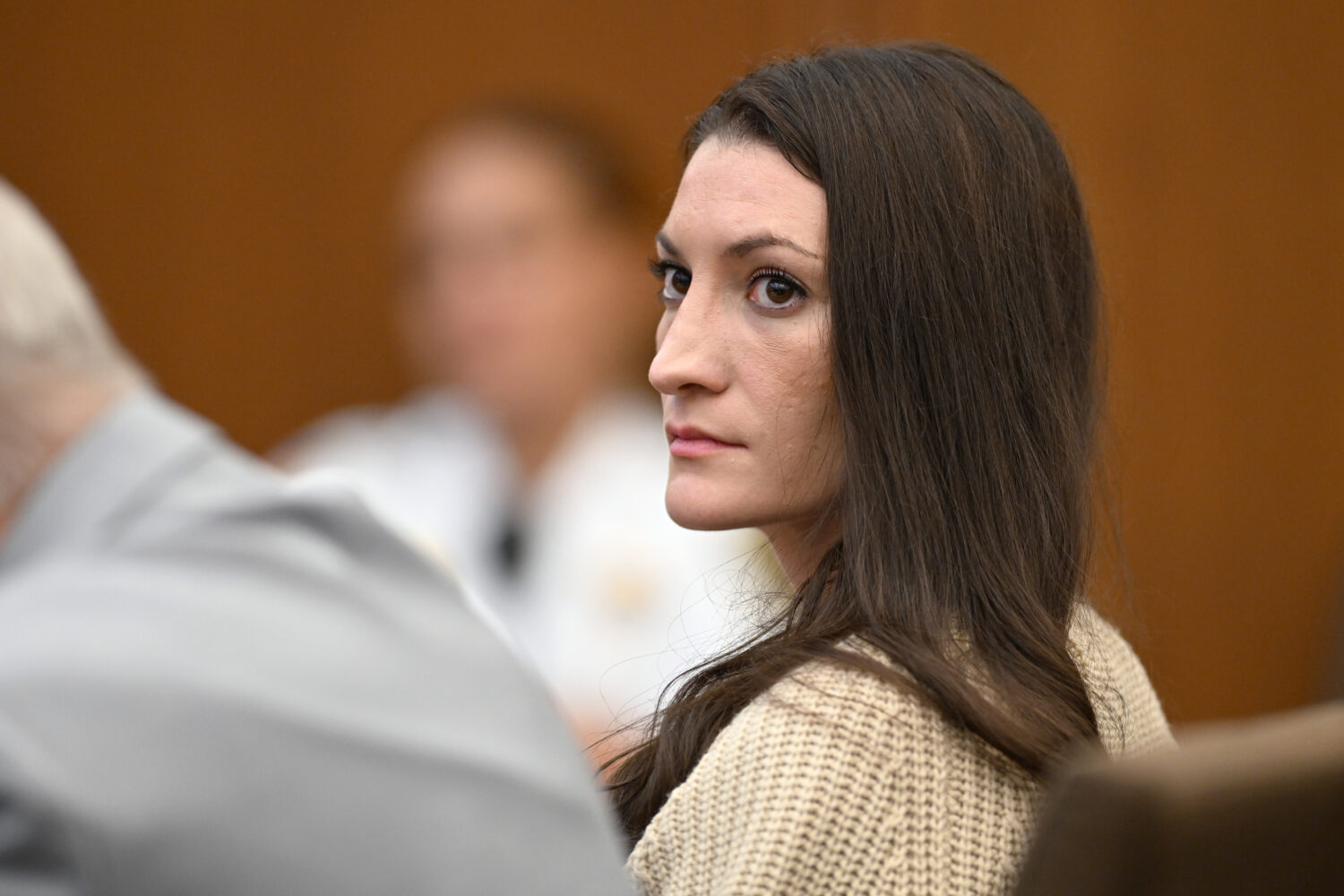 Lindsay Clancy, looks toward reporters in the courtroom during proceedings in her murder trial, Thu...