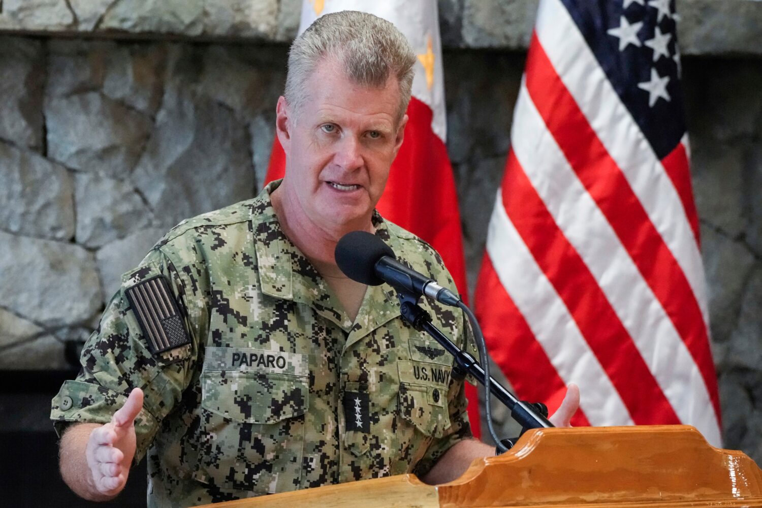 FILE - U.S. Indo-Pacific Command Commander, Admiral Samuel Paparo, gestures during a press conferen...