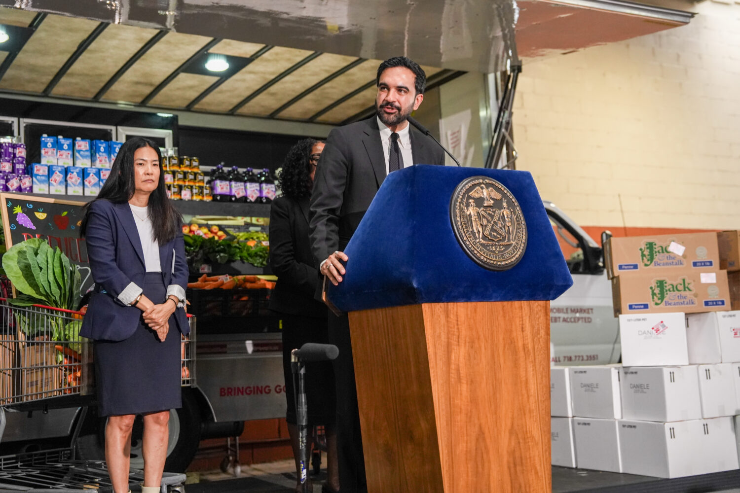 New York City Mayor Zohran Mamdani speaks at an announcement event of a city-wide, discounted groce...