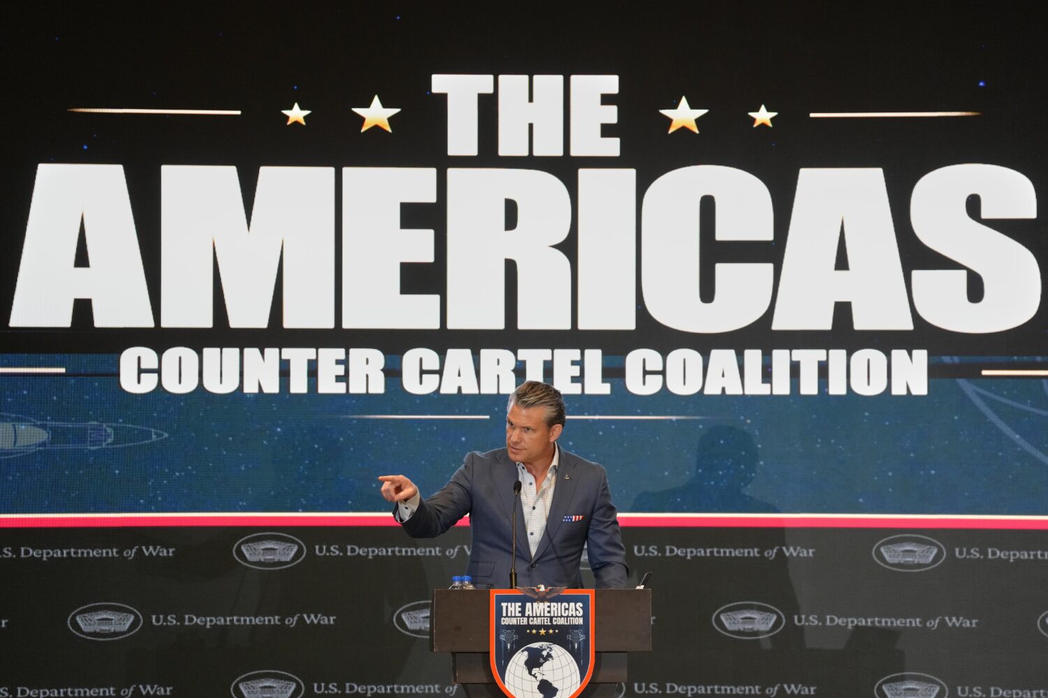 U.S. Defense Secretary Pete Hegseth speaks at a forum of The Americas Counter Cartel Coalition in P...