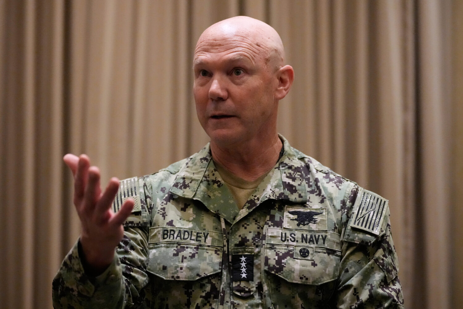 United States Navy Admiral Frank Bradley, commander U.S. Special Operation Command, gestures during...